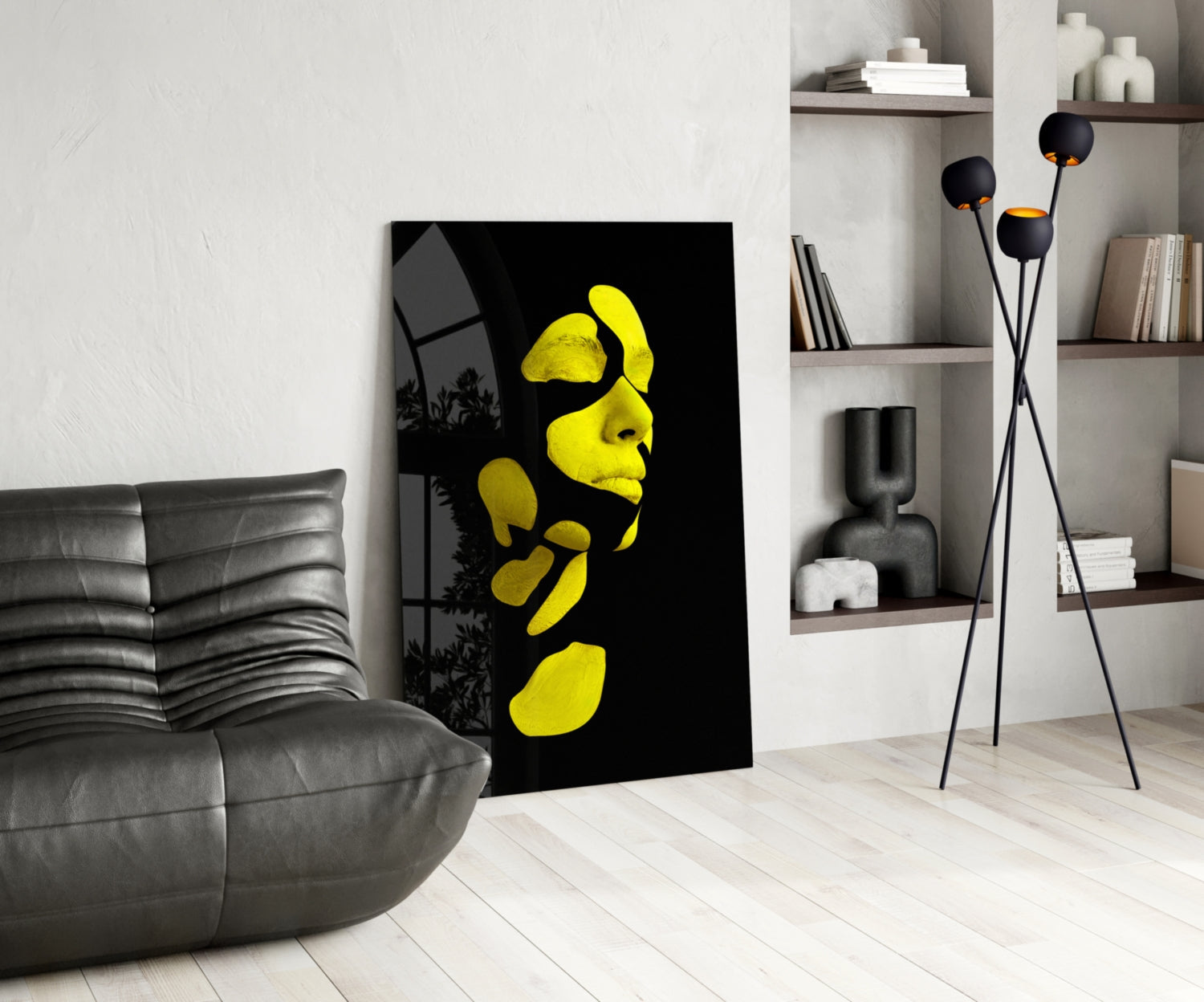 Yellow Fragmented Face on Black Glass Wall Art