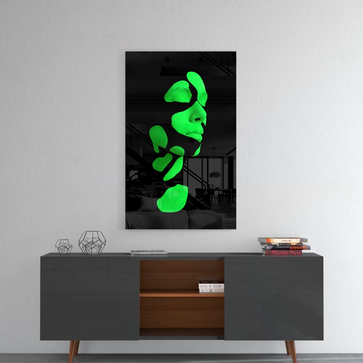 Neon Green Fragmented Face on Black Glass Wall Art