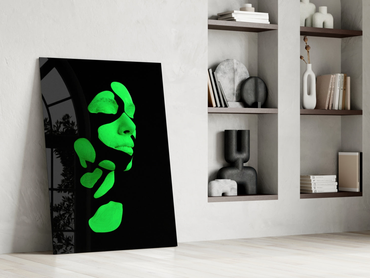 Neon Green Fragmented Face on Black Glass Wall Art