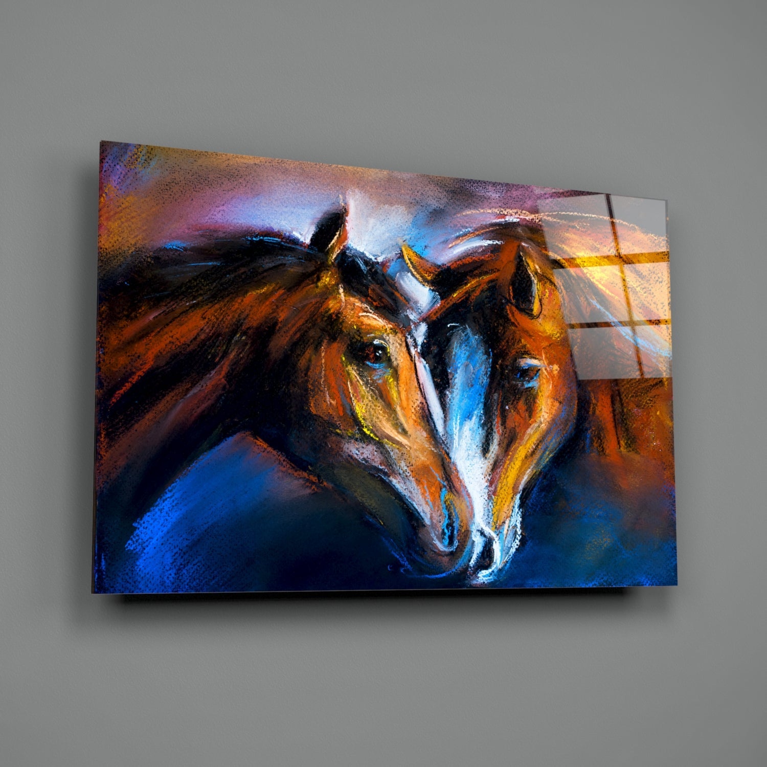 Two Nuzzling Horses on Blue Glass Wall Art