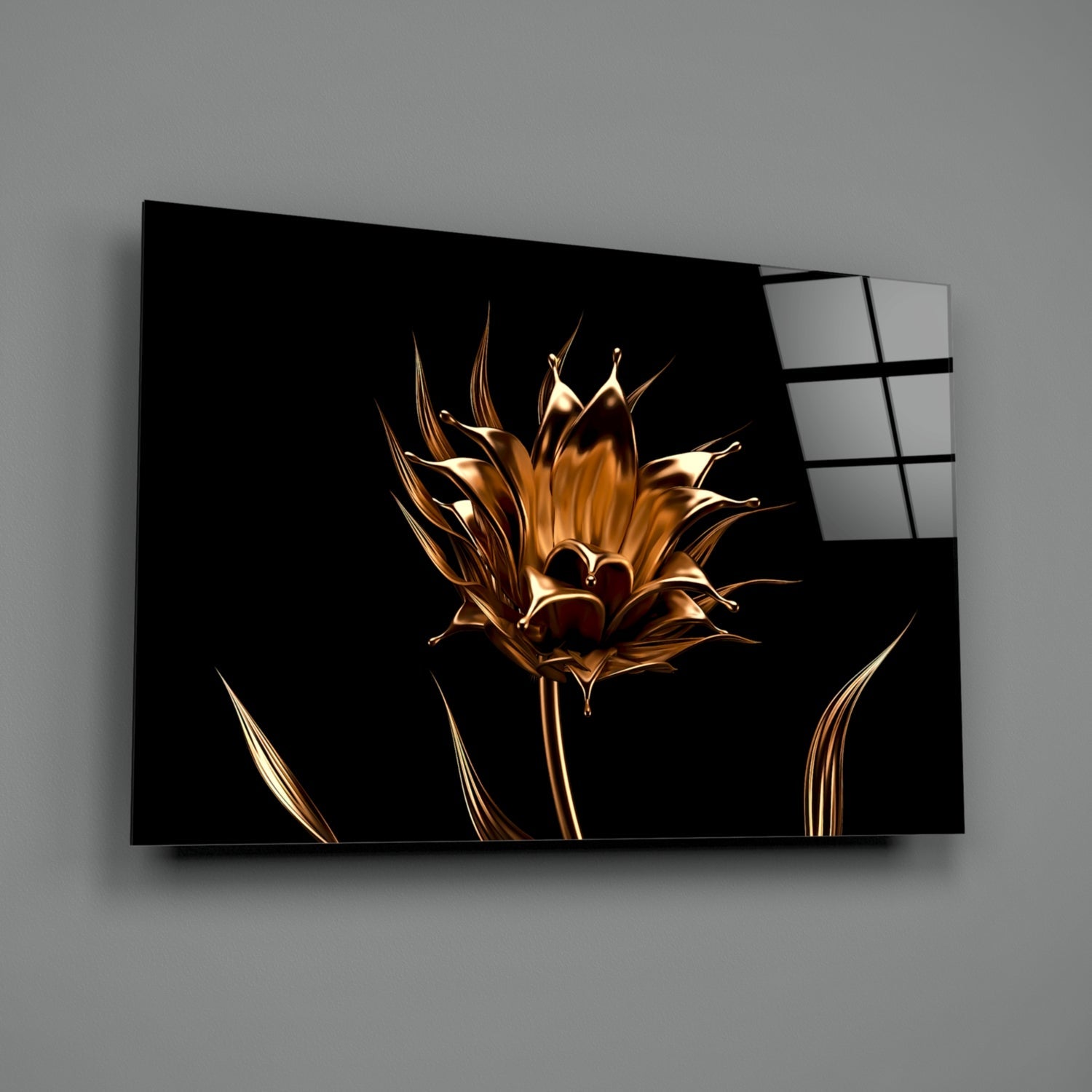 Liquid Gold Metallic Flower Black Glass Wall Art