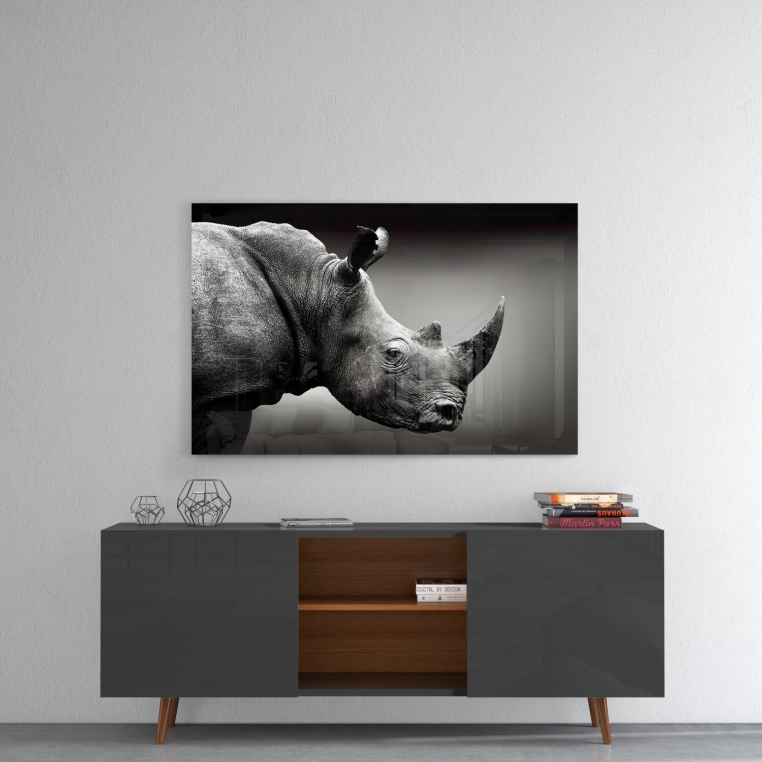 Rhino Horn Profile Grayscale Glass Wall Art