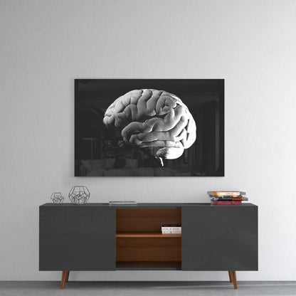 Engraved White Brain on Black Glass Wall Art
