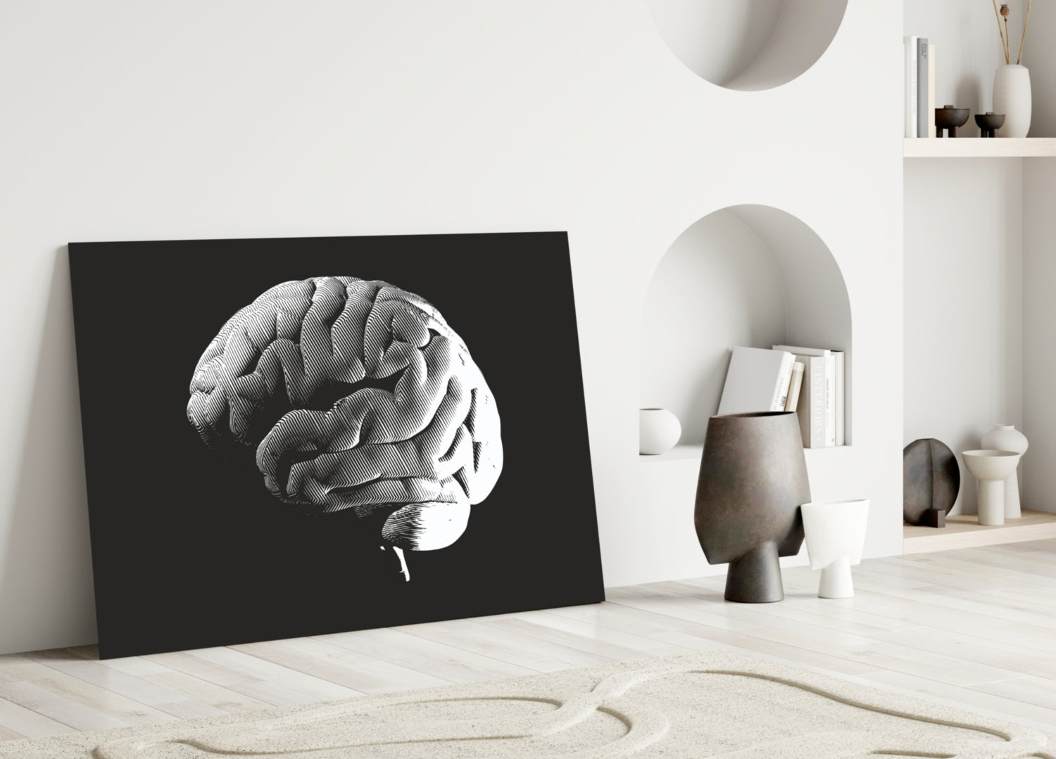 Engraved White Brain on Black Glass Wall Art