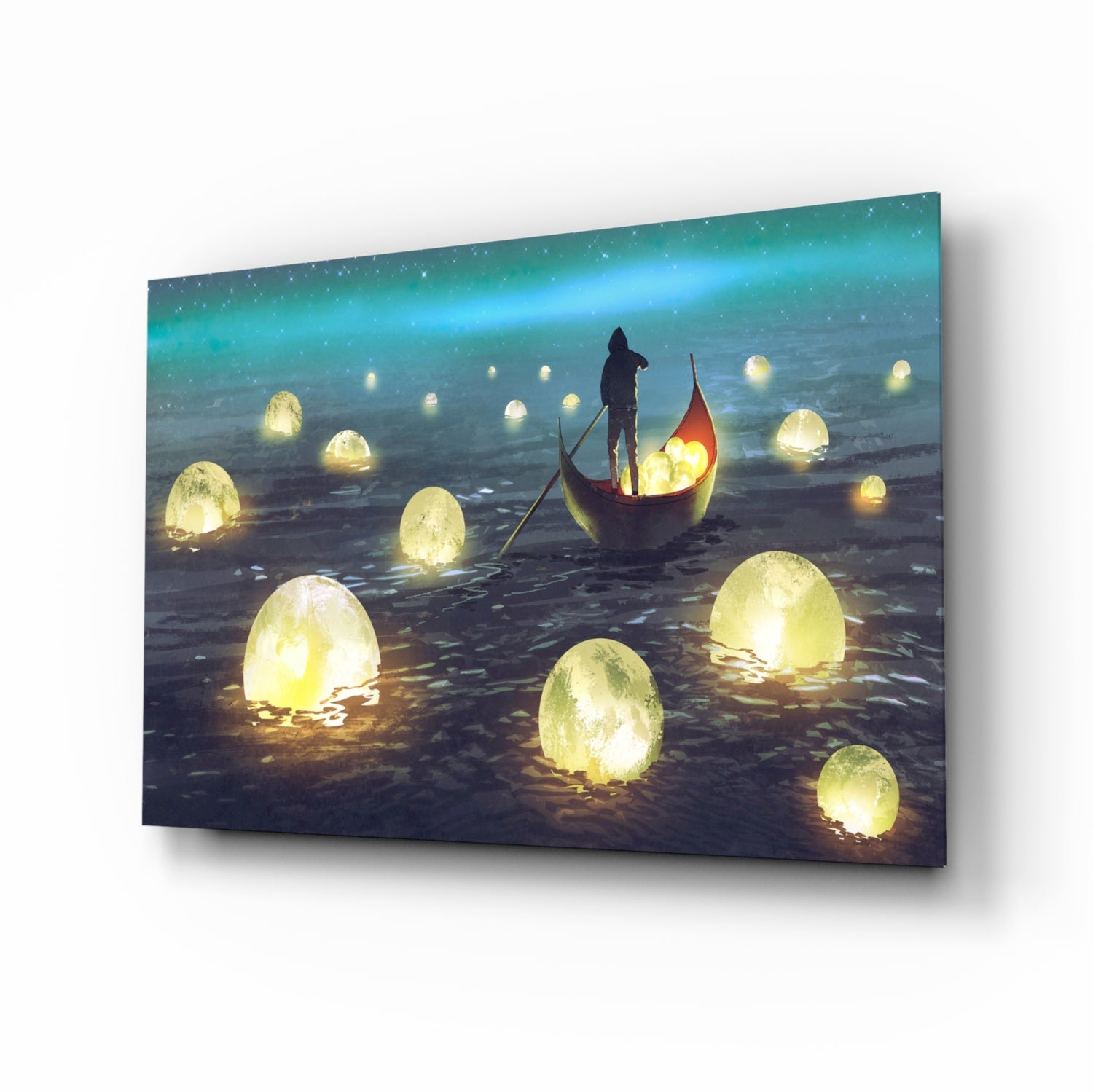 Aurora Night Moon Harvest Rowboat Glass Wall Art
