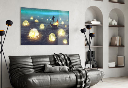 Aurora Night Moon Harvest Rowboat Glass Wall Art