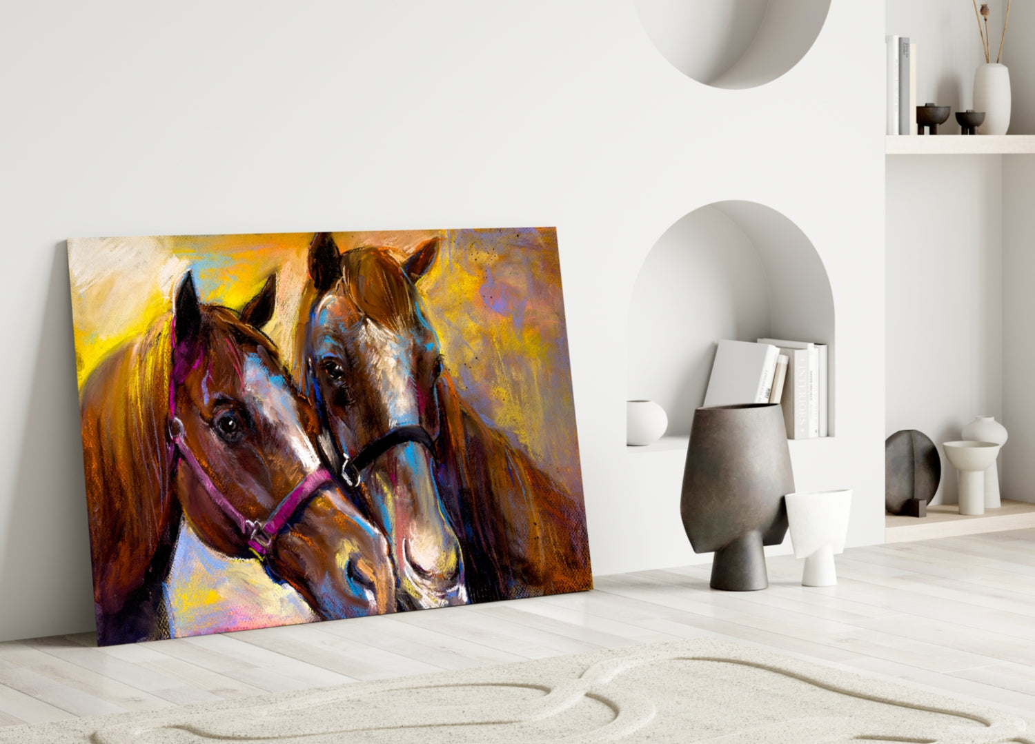 Bridled Horse Pair Golden Paint Glass Wall Art