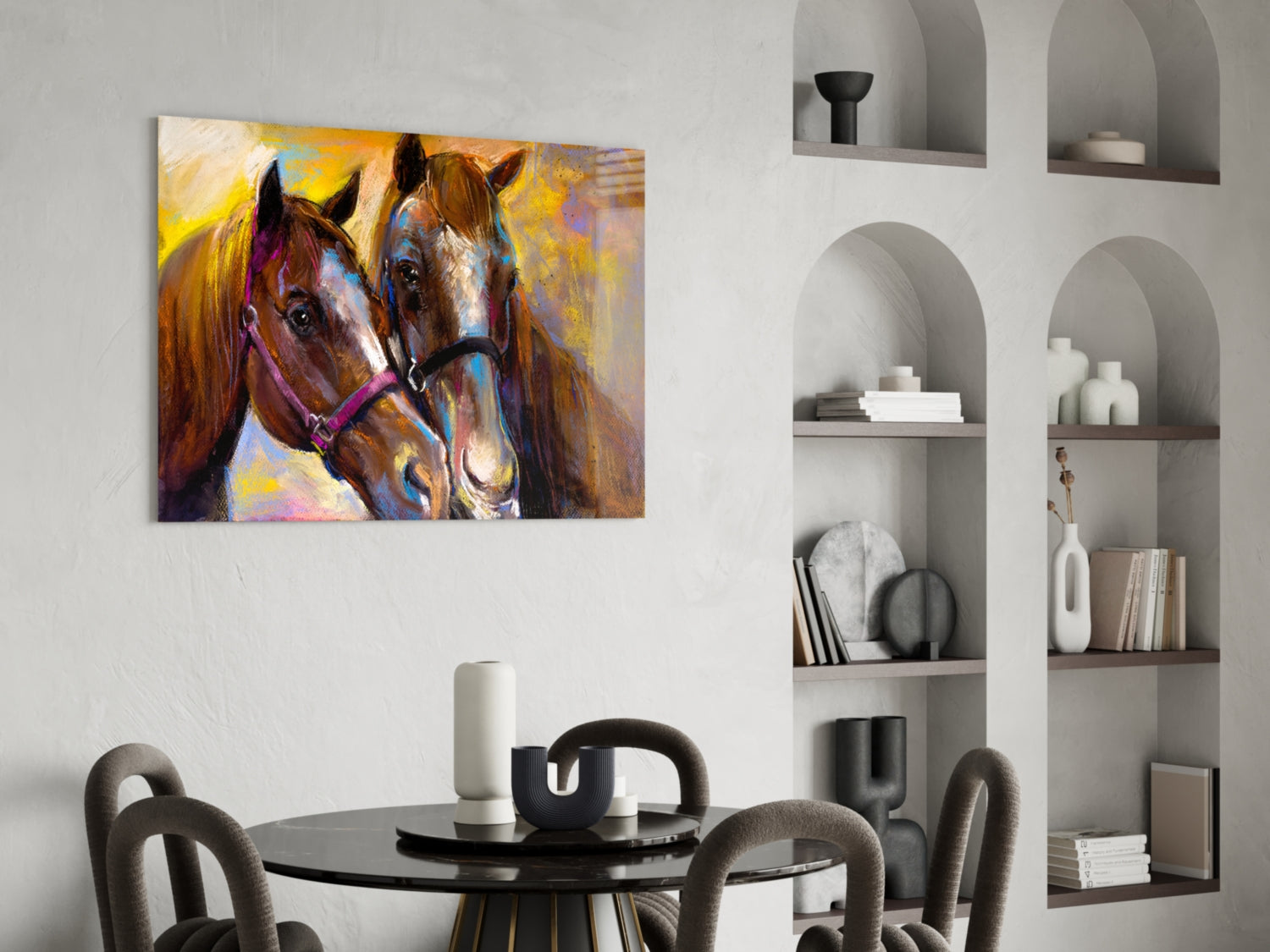 Bridled Horse Pair Golden Paint Glass Wall Art
