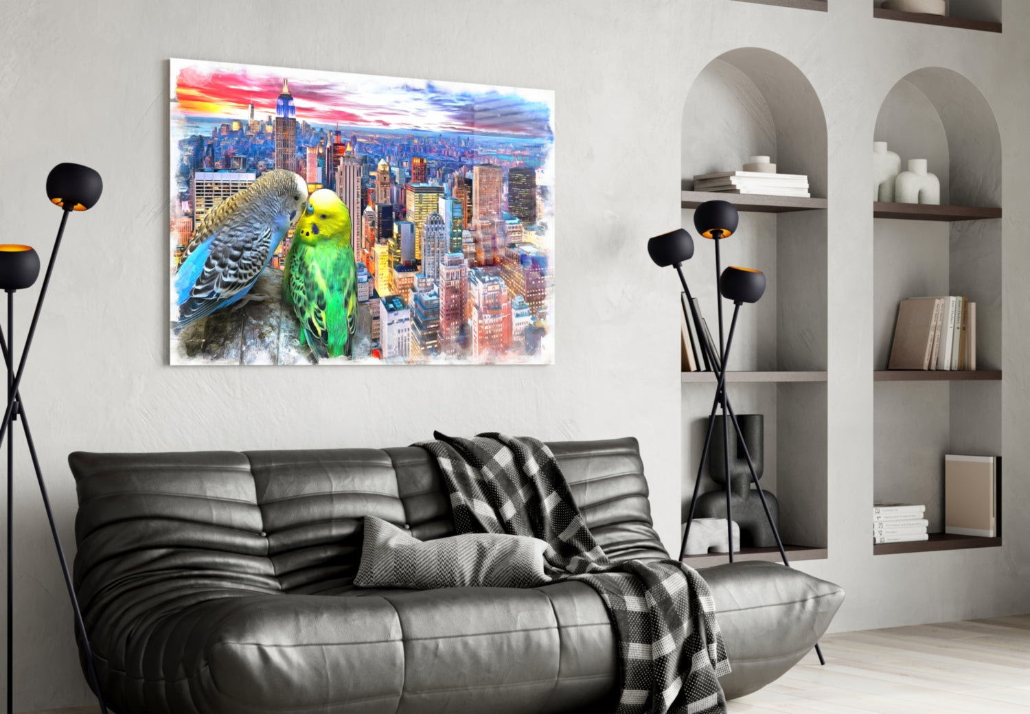 Green and Gray Parakeets City Sunset Glass Wall Art