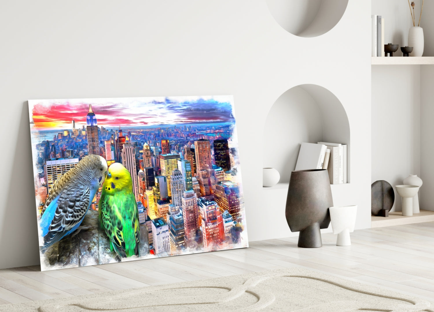 Green and Gray Parakeets City Sunset Glass Wall Art