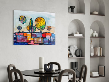 Naive Painted Trees Over Colorful Rooftops Glass Wall Art