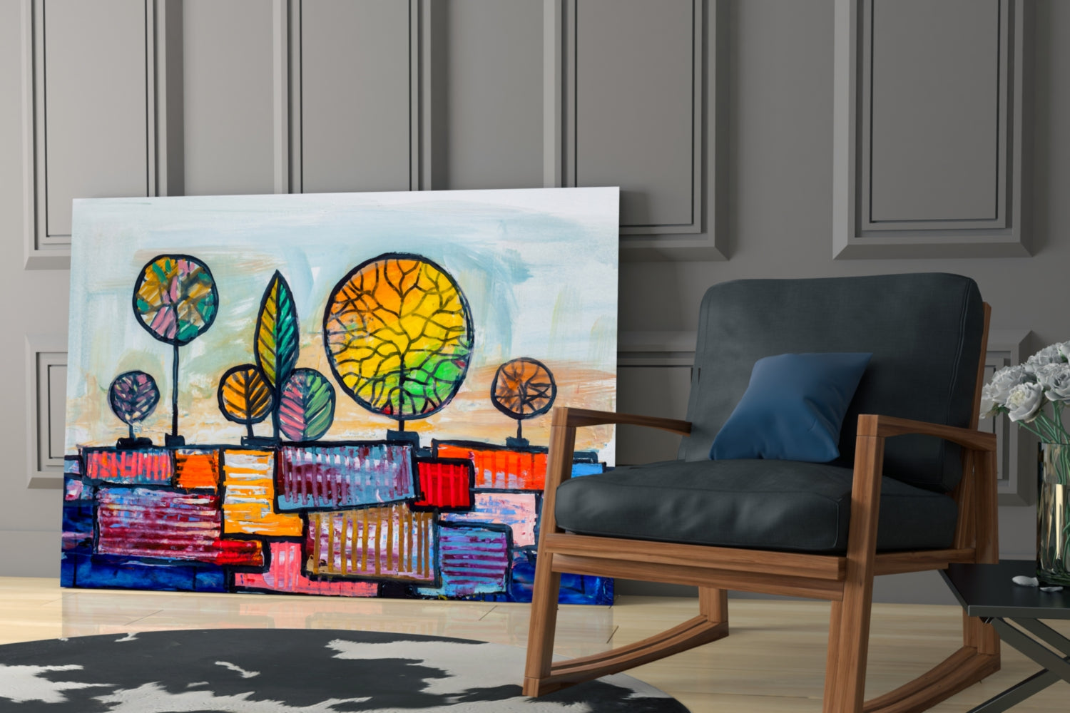 Naive Painted Trees Over Colorful Rooftops Glass Wall Art
