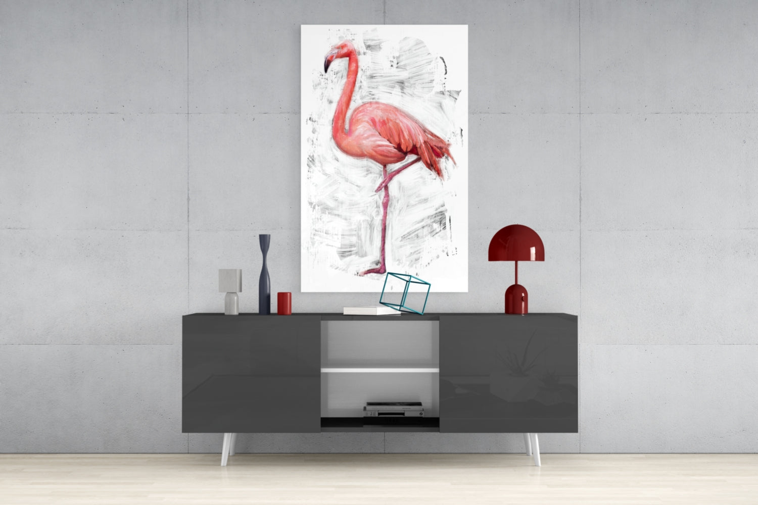 Pink Flamingo Sketch White Glass Wall Art