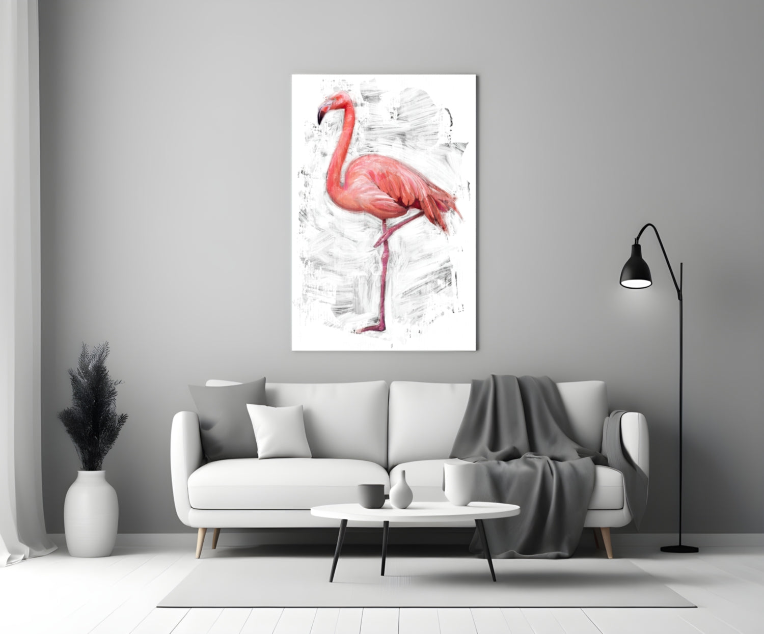 Pink Flamingo Sketch White Glass Wall Art