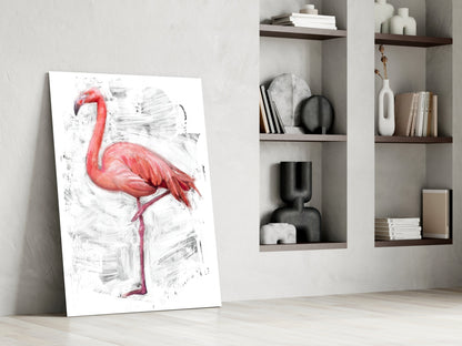 Pink Flamingo Sketch White Glass Wall Art