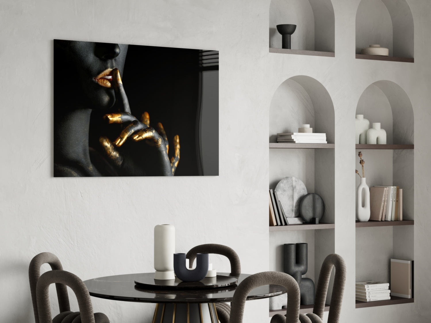 Gold Lips Hush Gesture on Black Panel Glass Wall Art