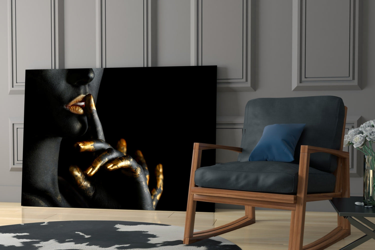 Gold Lips Hush Gesture on Black Panel Glass Wall Art