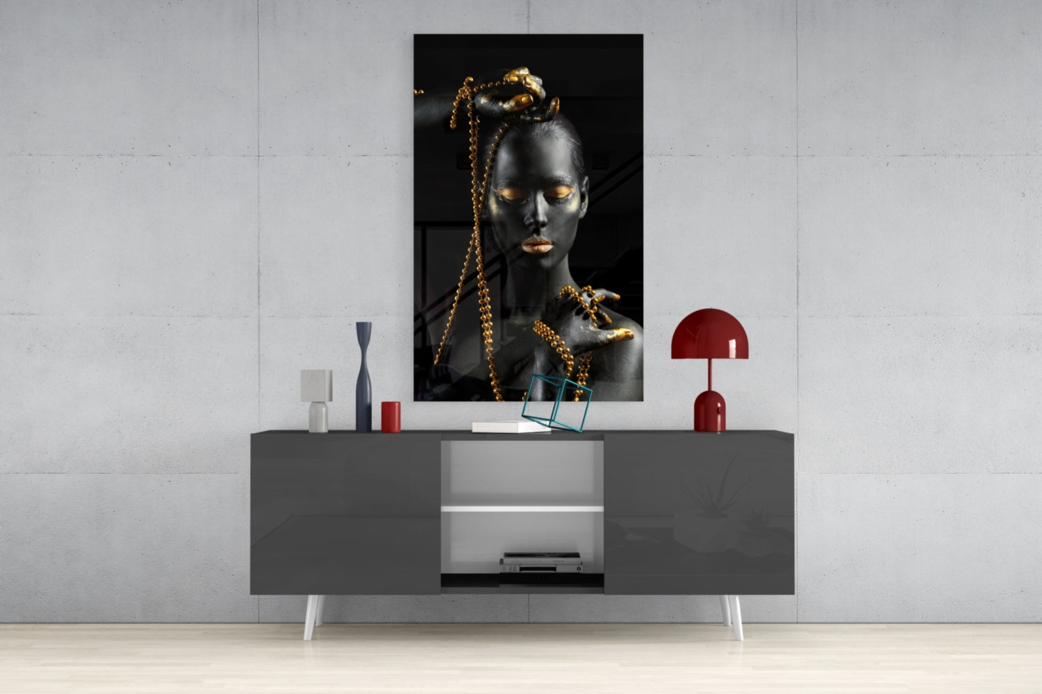 Gold Bead Chain Woman Glass Wall Art