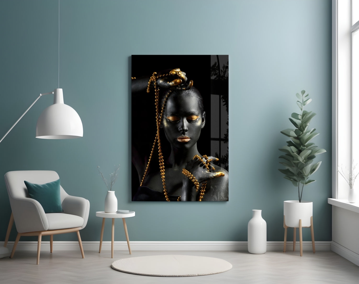 Gold Bead Chain Woman Glass Wall Art