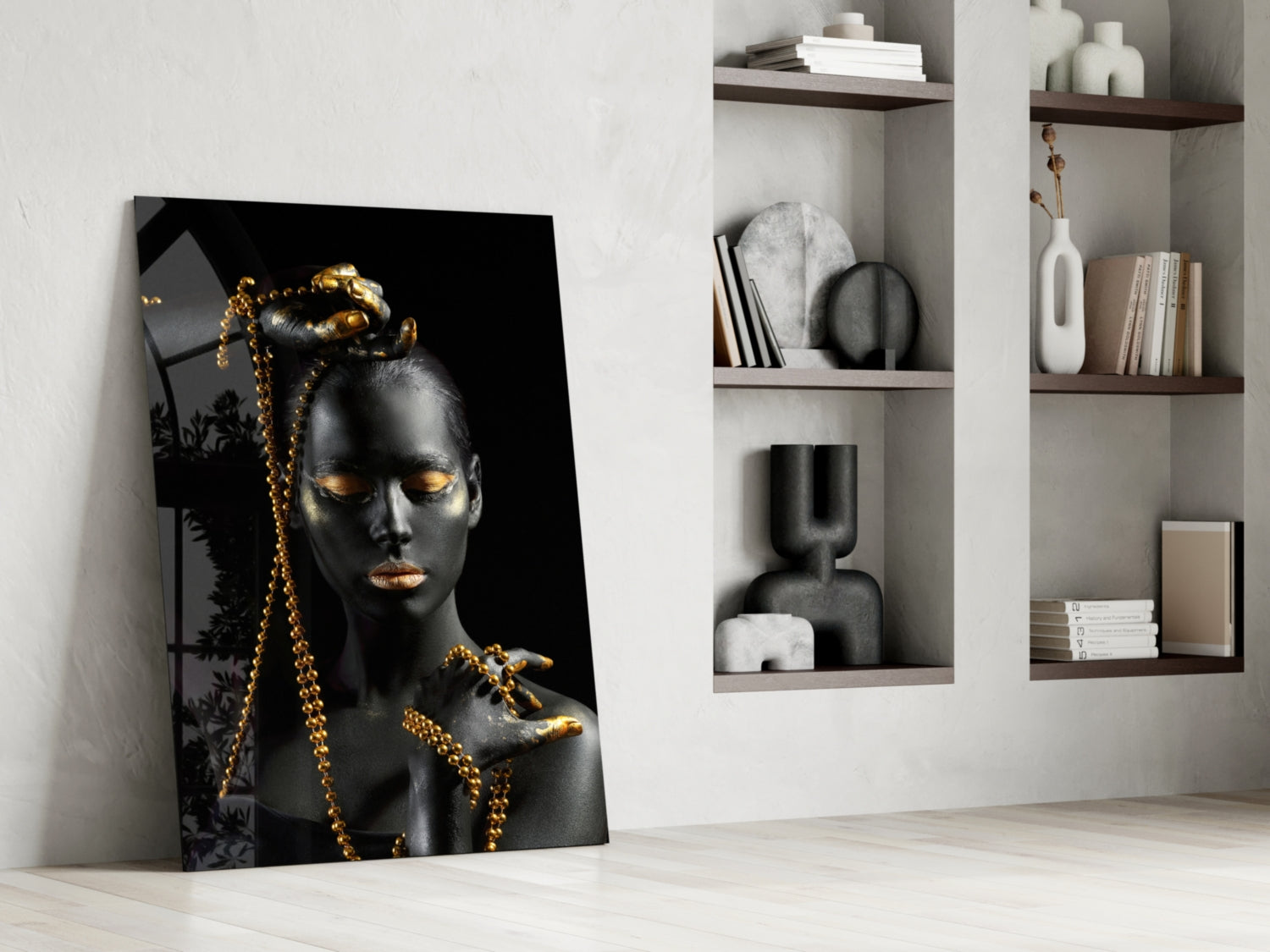 Gold Bead Chain Woman Glass Wall Art