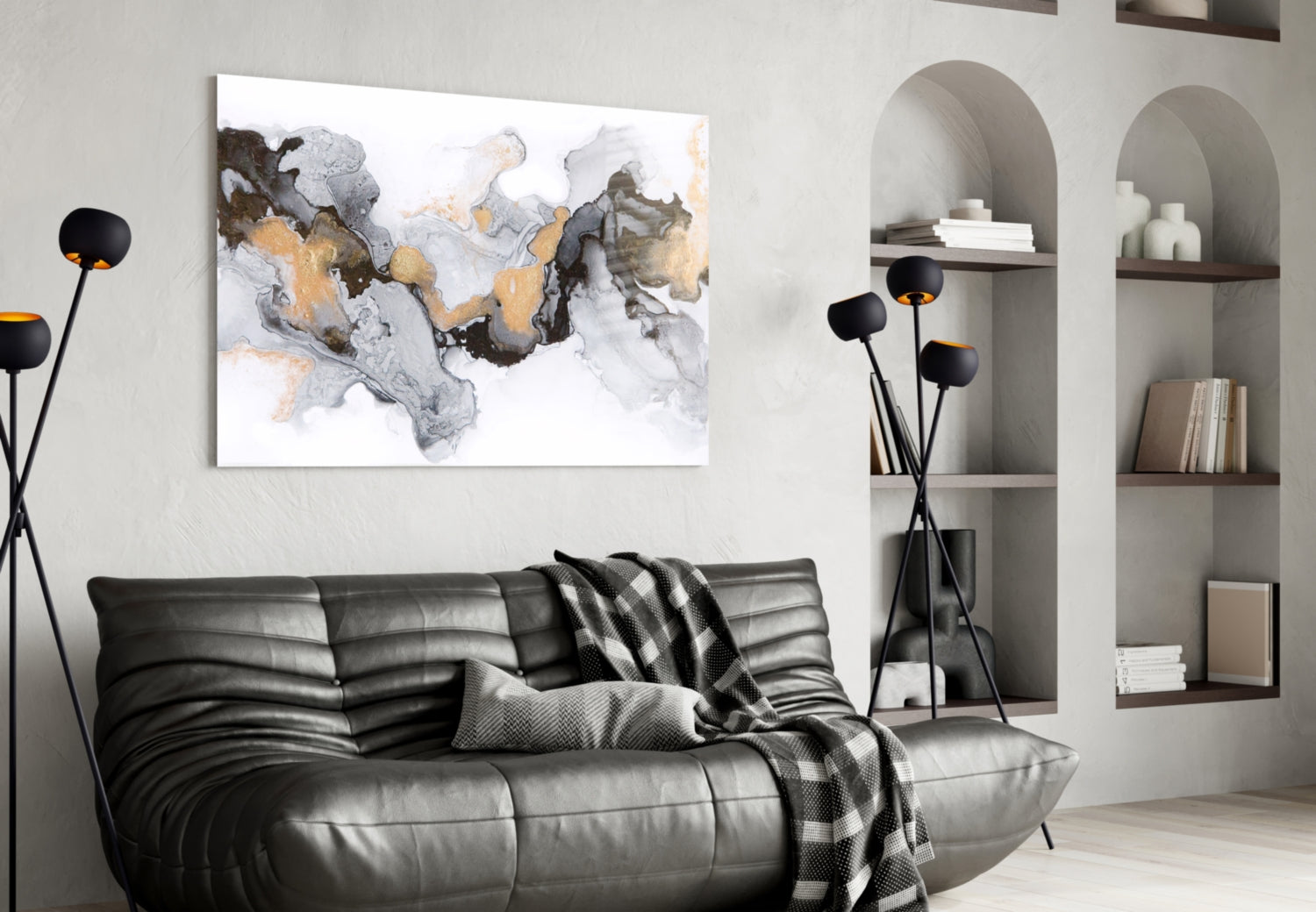 Gold Veined Black Marble Flow Glass Wall Art