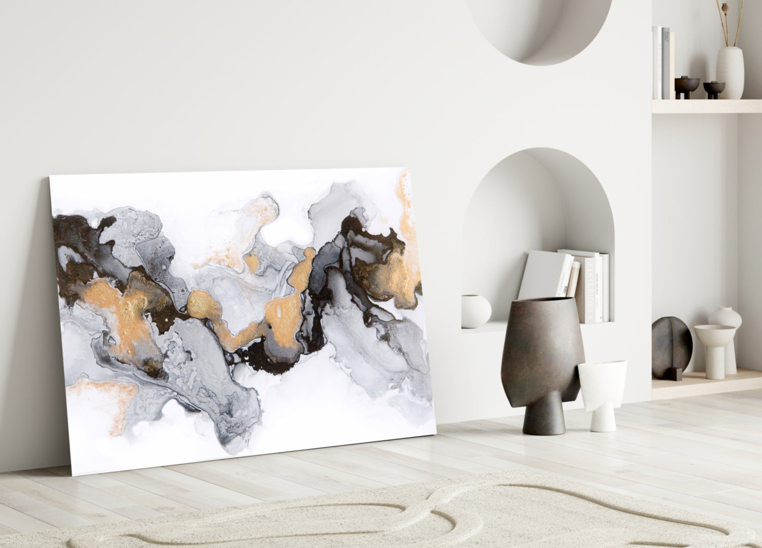 Gold Veined Black Marble Flow Glass Wall Art