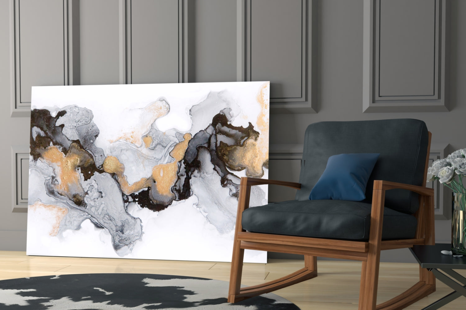 Gold Veined Black Marble Flow Glass Wall Art