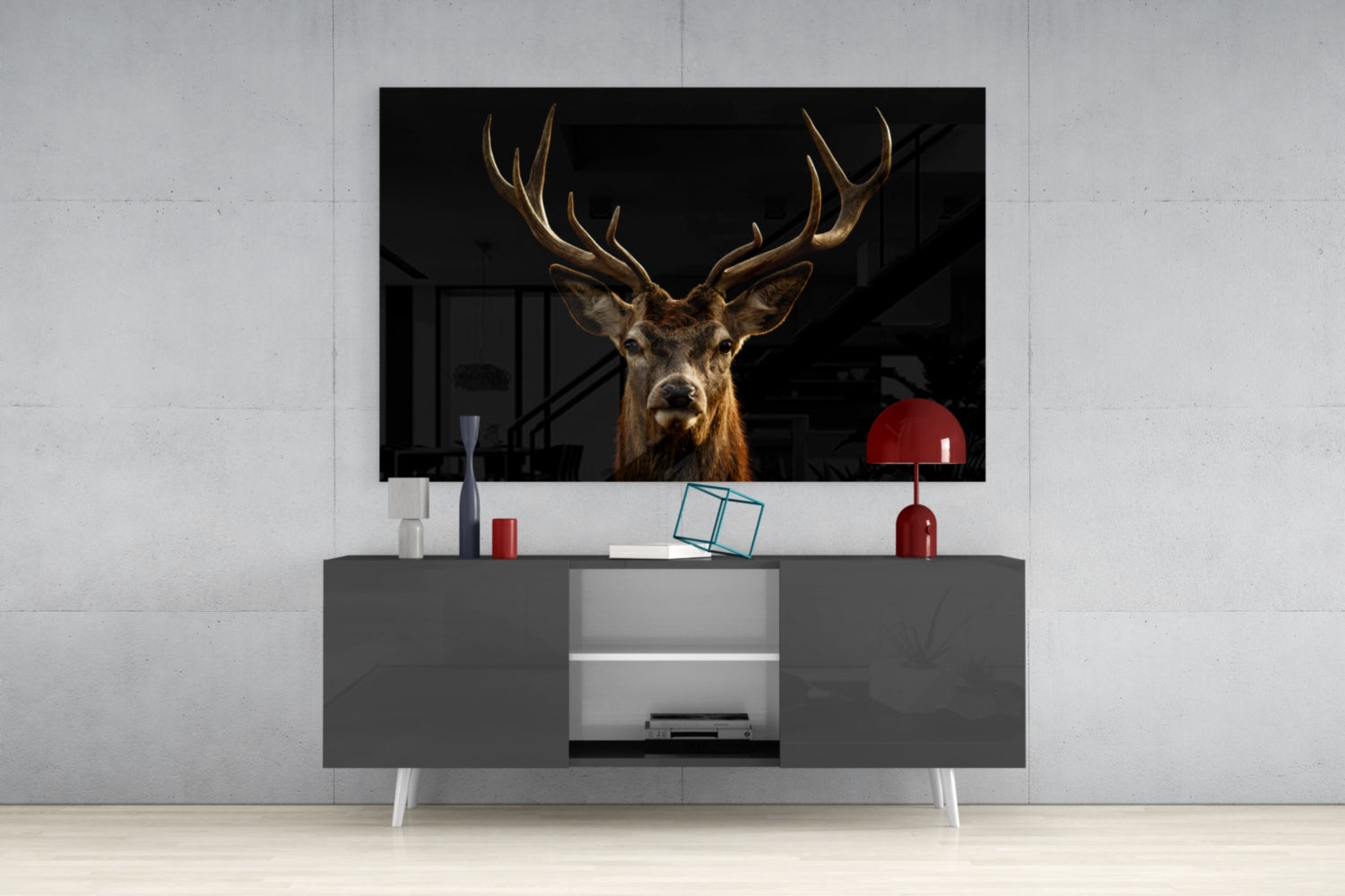 Red Deer Stag on Black Glass Wall Art