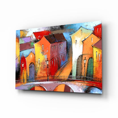 Colorful Village Houses Stone Bridge Glass Wall Art