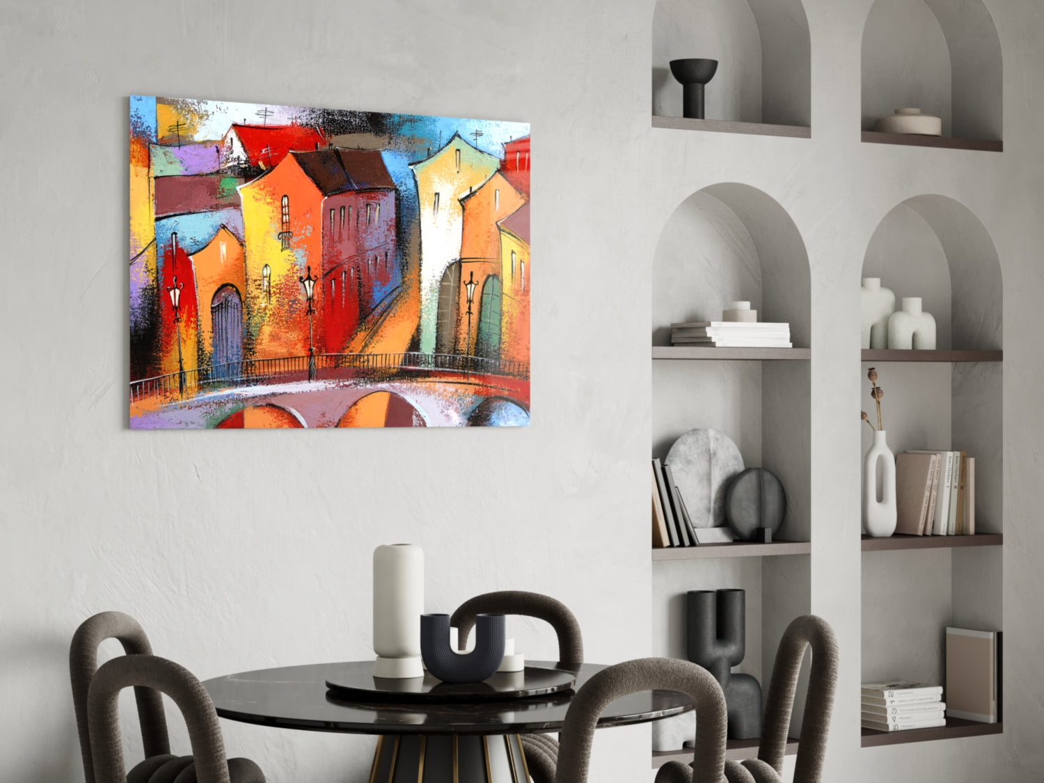 Colorful Village Houses Stone Bridge Glass Wall Art