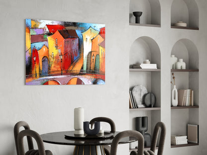 Colorful Village Houses Stone Bridge Glass Wall Art