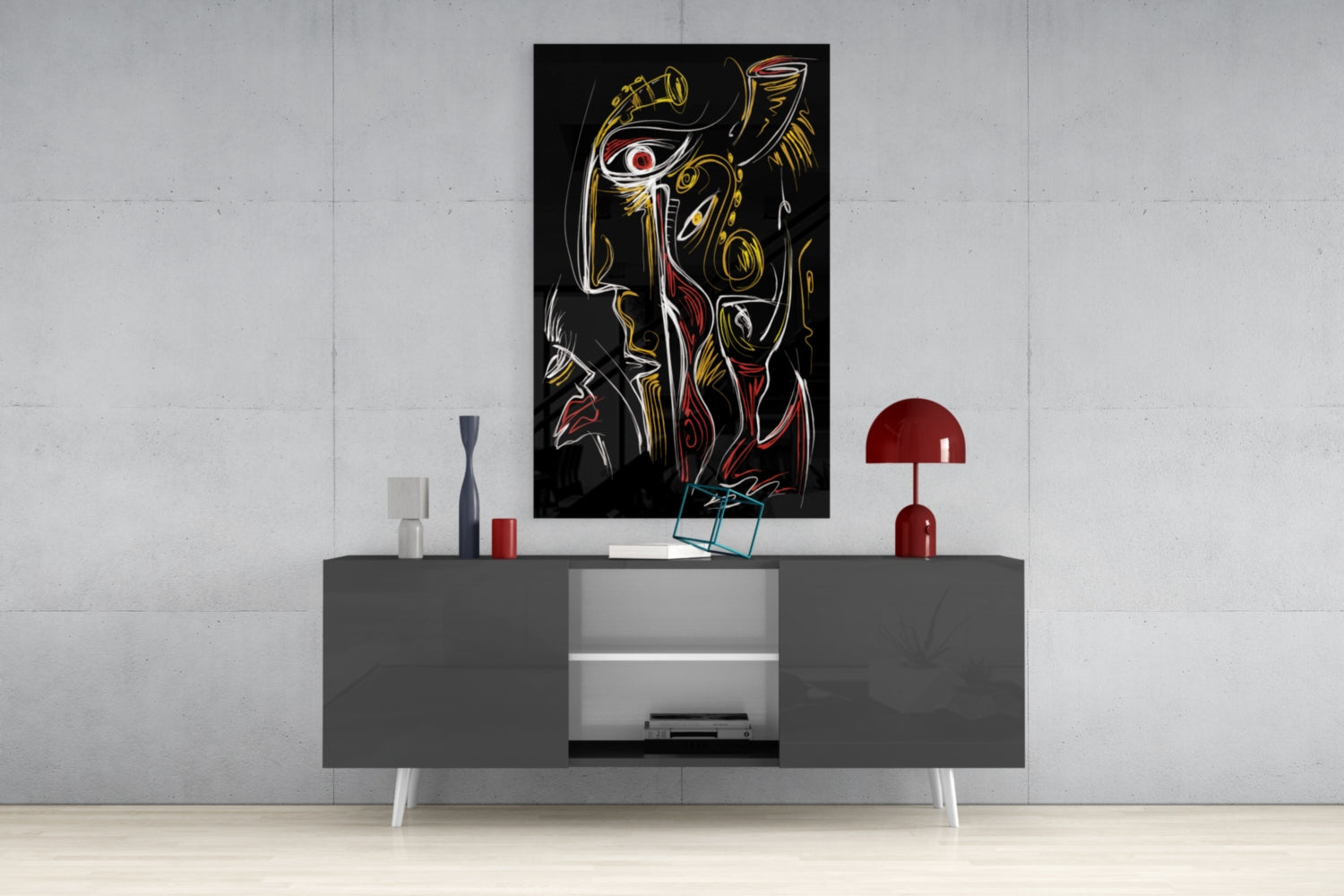 Red Eye Abstract Faces on Black Glass Wall Art