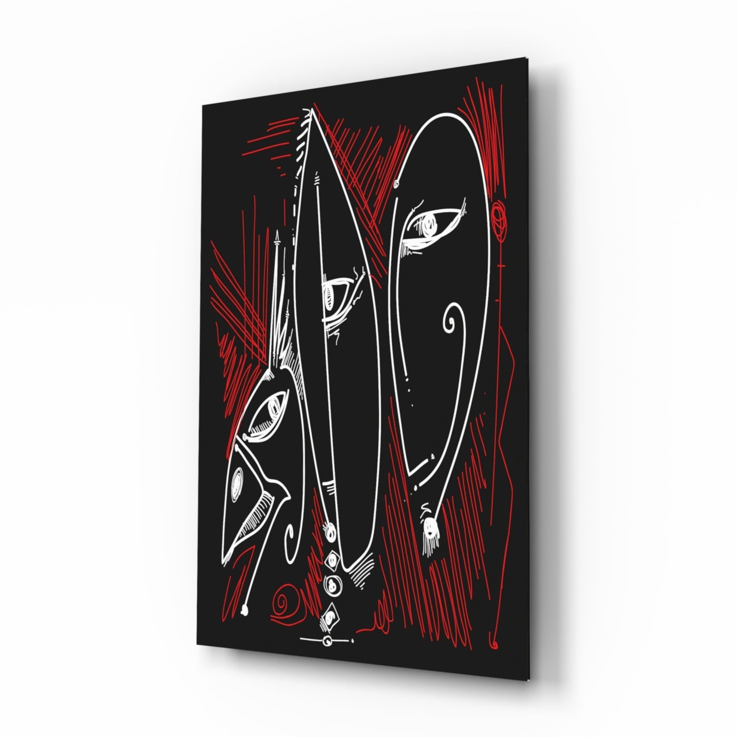 Line Art Faces Red Black Glass Wall Art