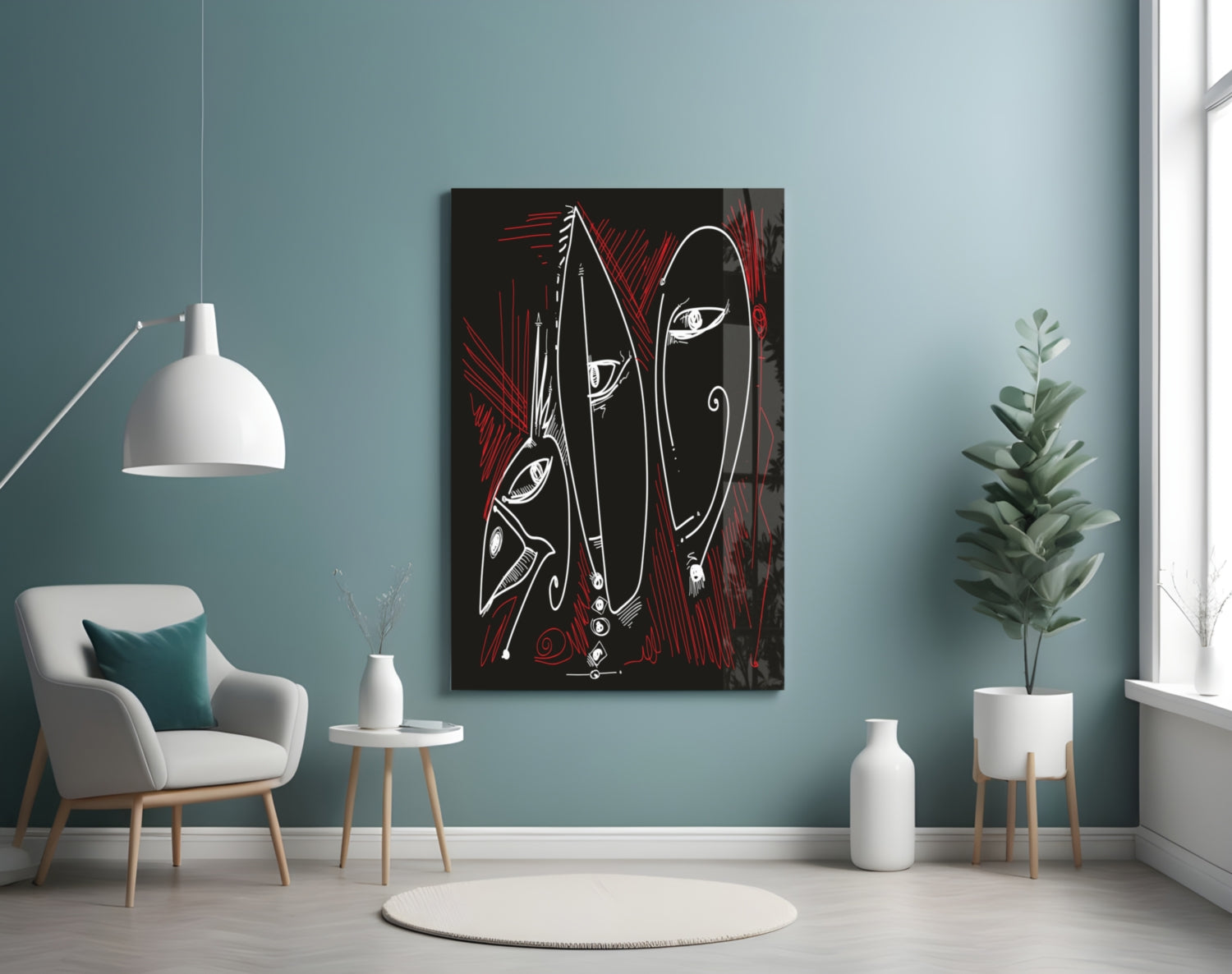 Line Art Faces Red Black Glass Wall Art