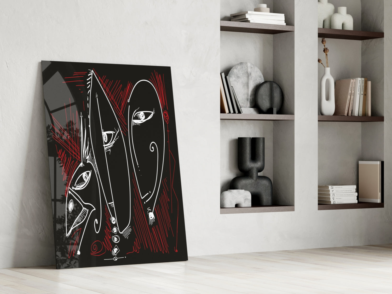 Line Art Faces Red Black Glass Wall Art