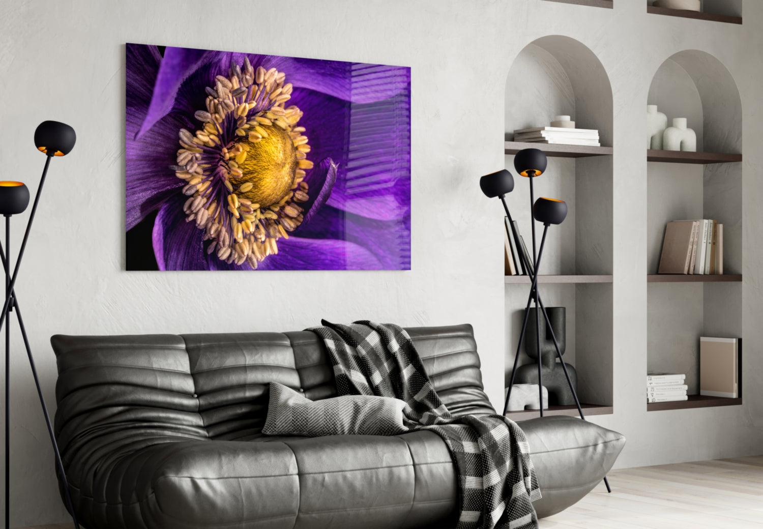 Purple Anemone Macro Yellow Flower Glass Wall Art