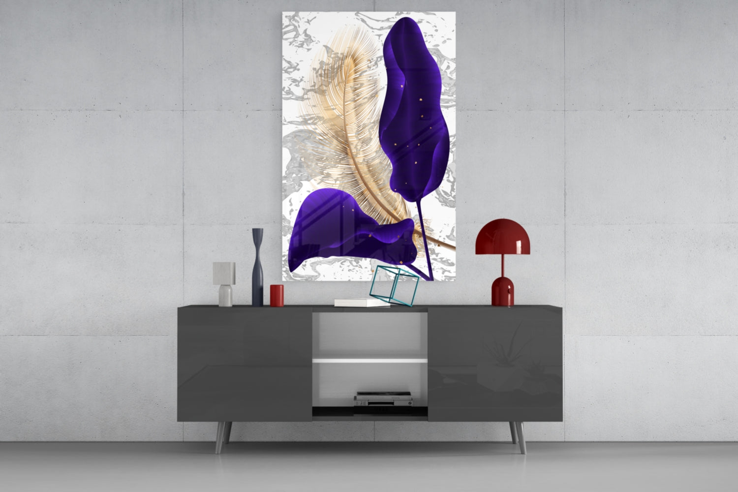 Navy Leaf Gold Feather Marble Glass Wall Art
