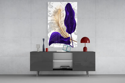 Navy Leaf Gold Feather Marble Glass Wall Art