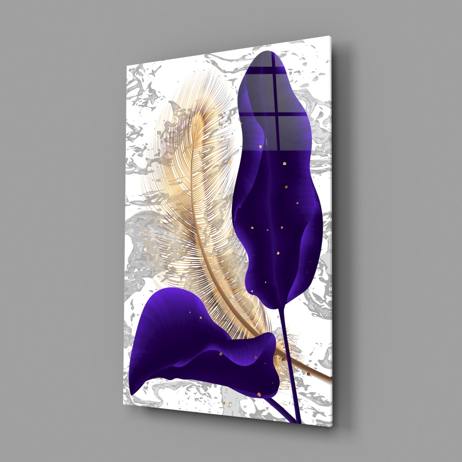 Navy Leaf Gold Feather Marble Glass Wall Art