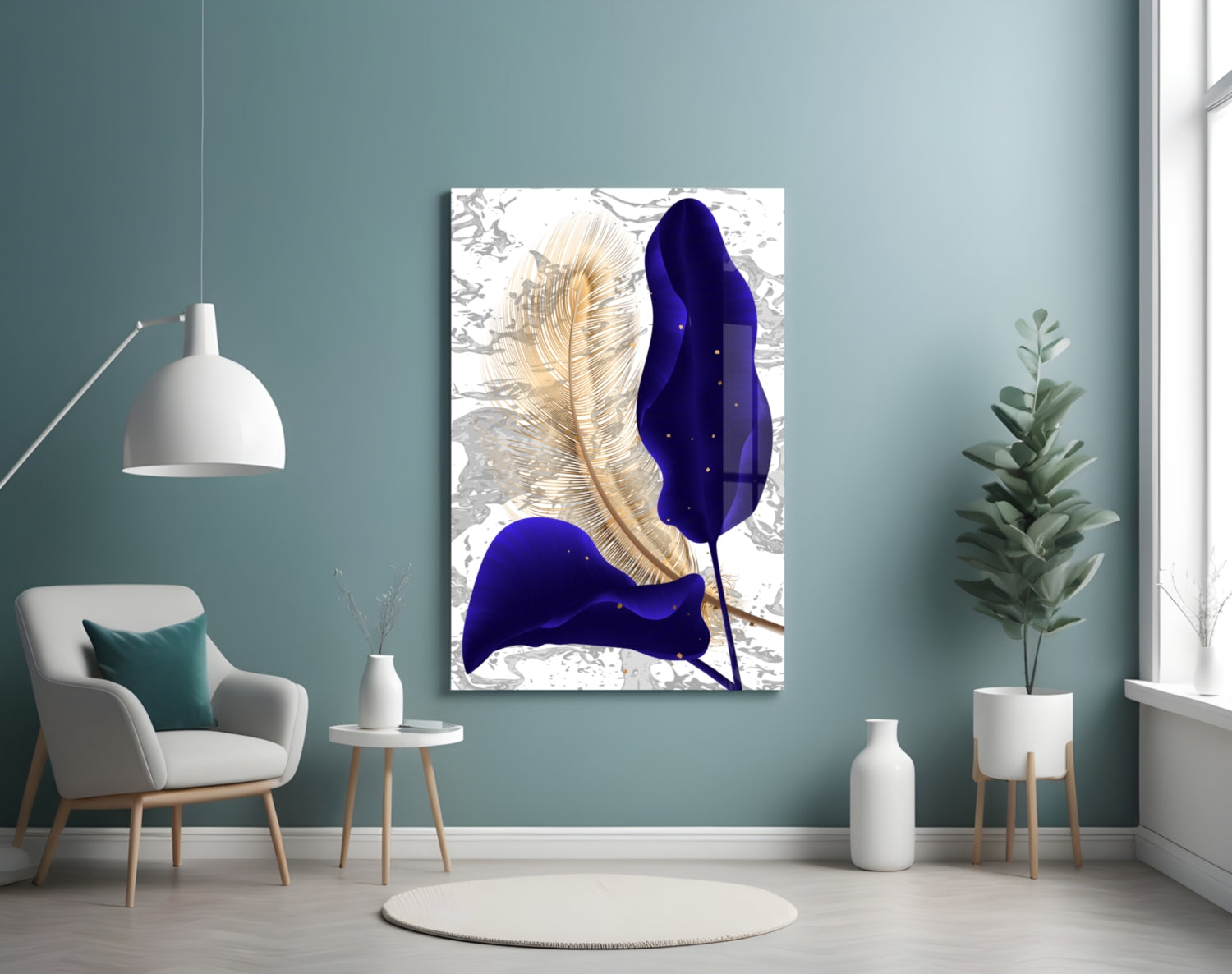 Navy Leaf Gold Feather Marble Glass Wall Art