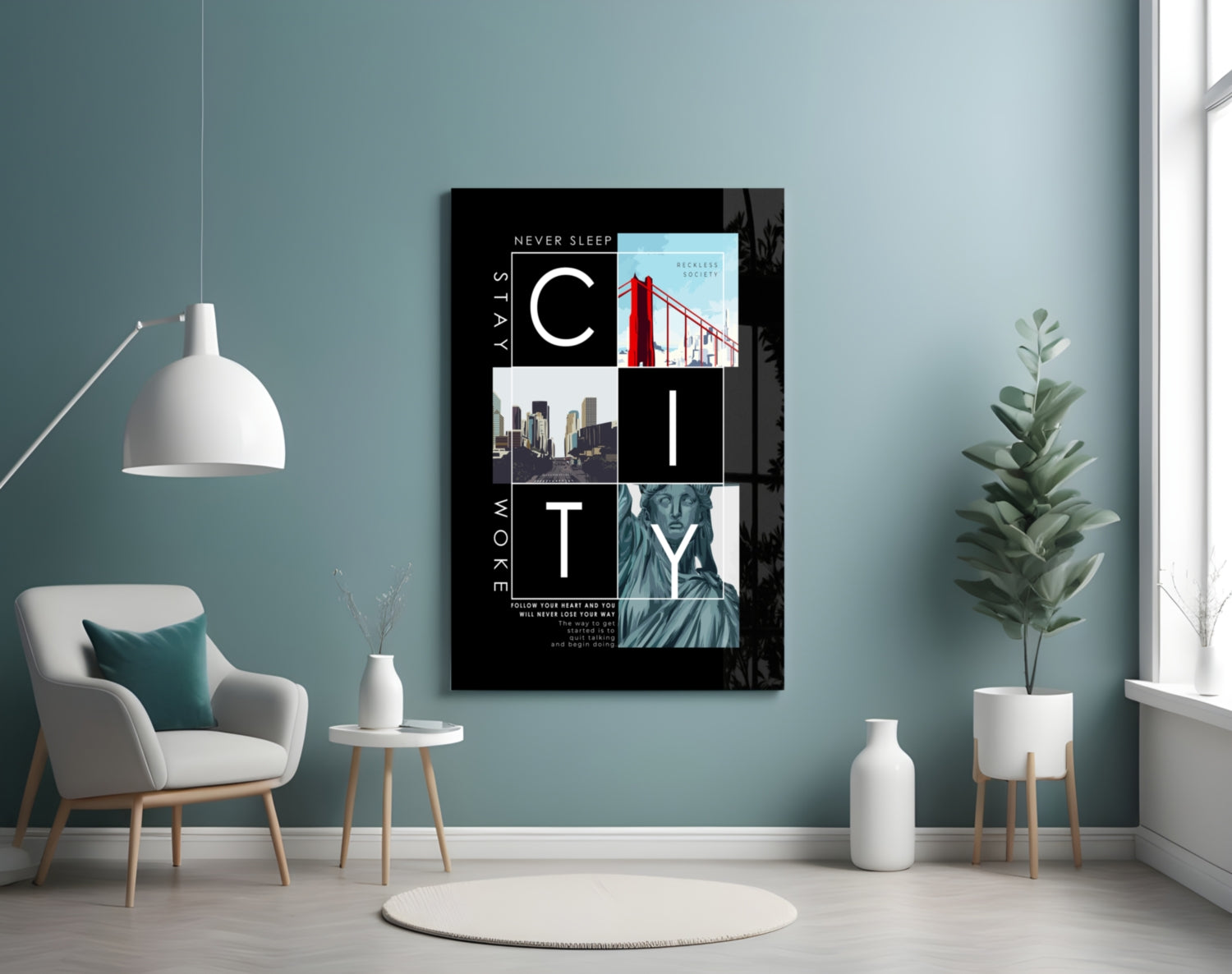 City Typography Landmark Collage Poster Glass Wall Art