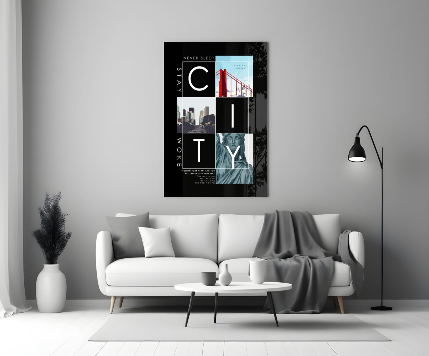 City Typography Landmark Collage Poster Glass Wall Art