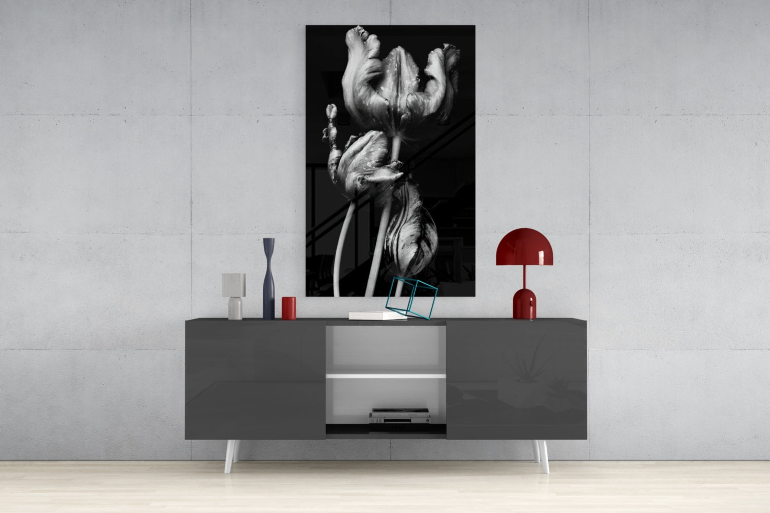Three Parrot Tulips on Black Glass Wall Art