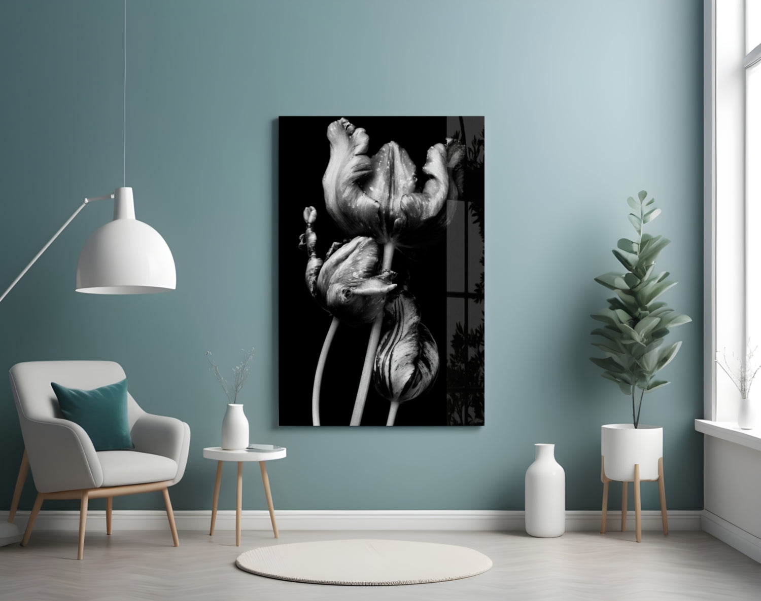 Three Parrot Tulips on Black Glass Wall Art