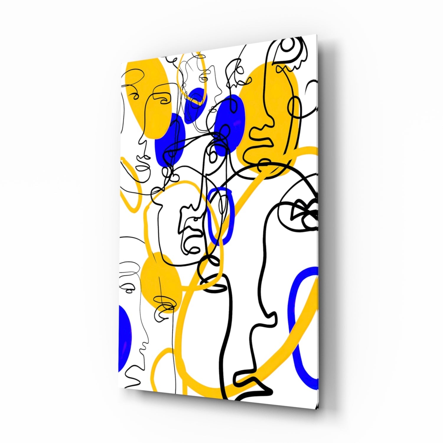 Yellow and Blue One Line Faces Glass Wall Art