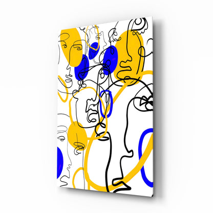 Yellow and Blue One Line Faces Glass Wall Art