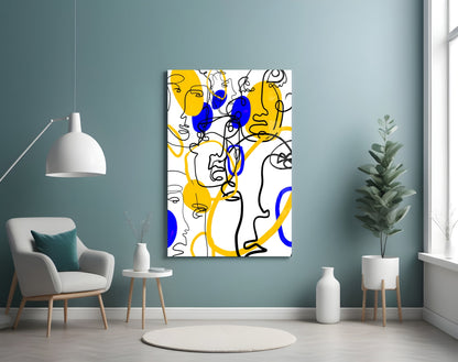 Yellow and Blue One Line Faces Glass Wall Art