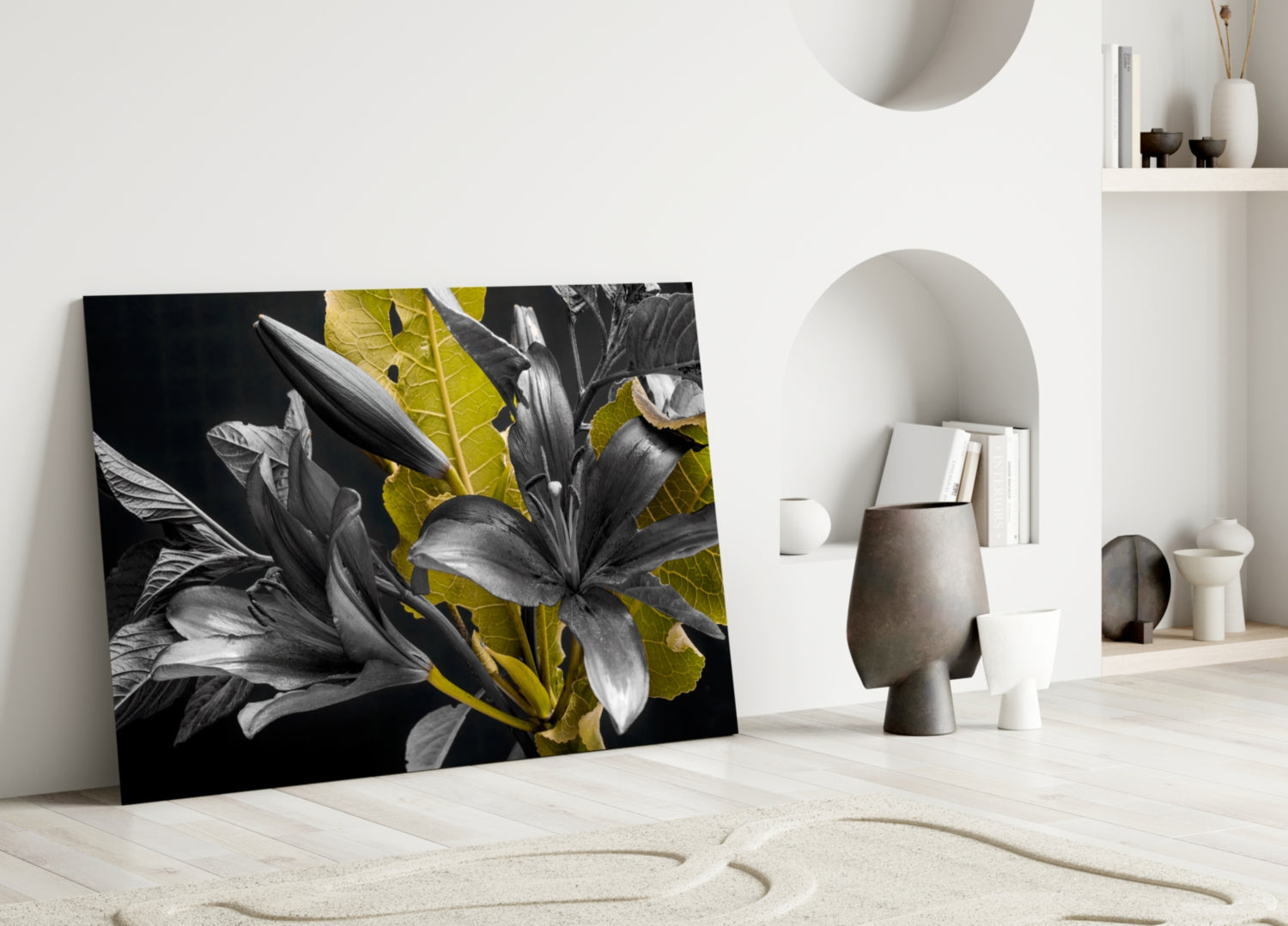Gold Leaf Lilies on Black Glass Wall Art