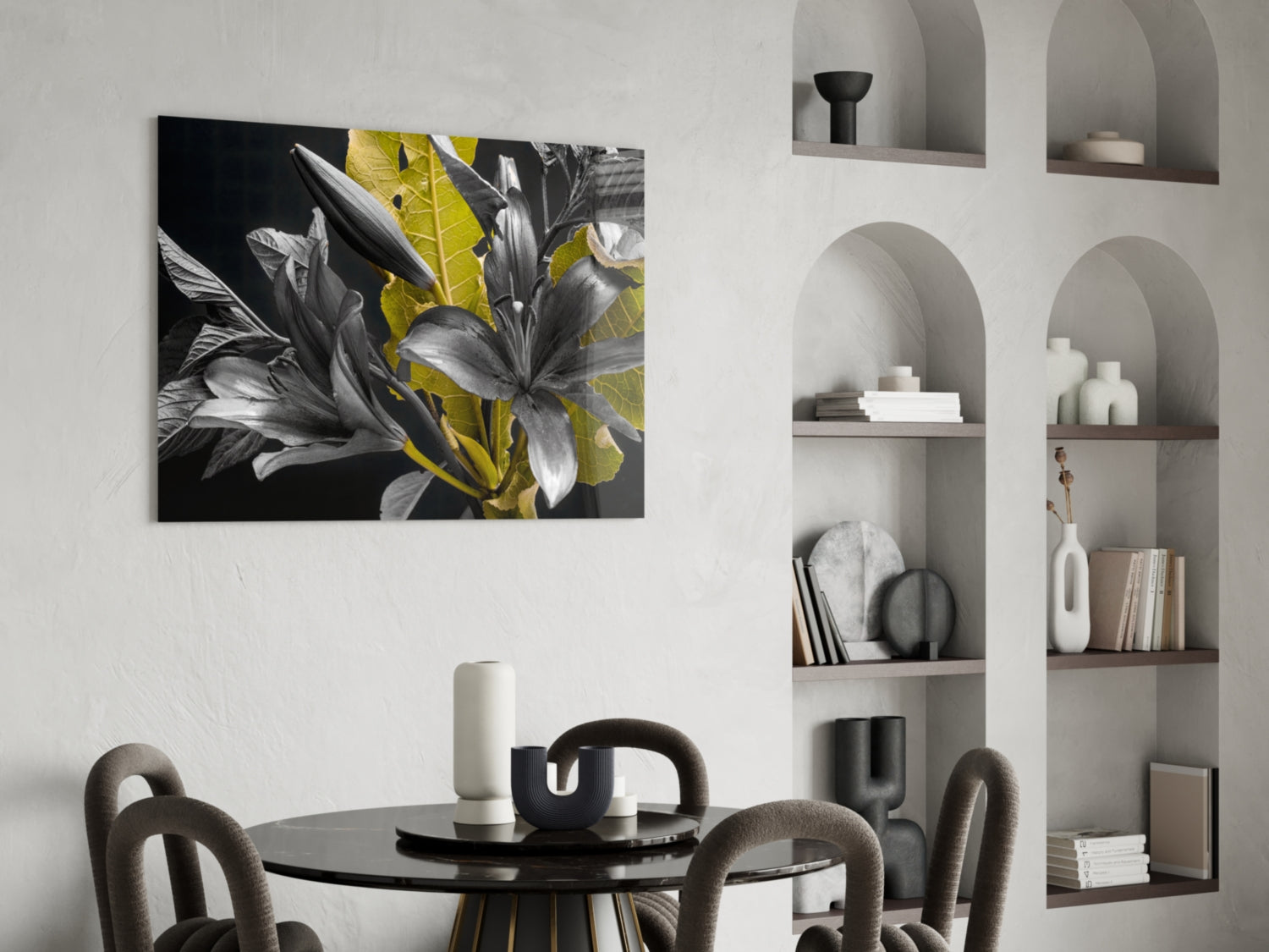 Gold Leaf Lilies on Black Glass Wall Art
