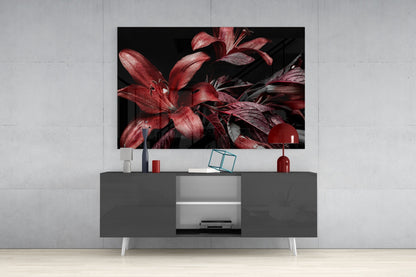 Crimson Dewy Lilies on Black Glass Wall Art